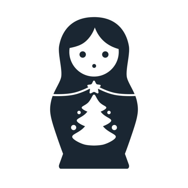 illustrations, cliparts, dessins animés et icônes de jolie russe matryoshka nidification folk jouet poupée avec icône illustration de noël arbre vectoriel. élément de conception simple mono couleur style contemporain isolé sur blanc. concept de vacances hiver noël. - wood toy babushka isolated on white