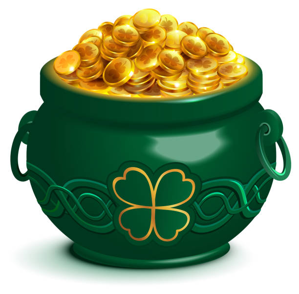 Green full pot with gold coins. Pot with four leaf clover symbol of Patricks Day Green full pot with gold coins. Pot with four leaf clover symbol of Patricks Day. Isolated on white vector 3d cartoon illustration gold clover stock illustrations