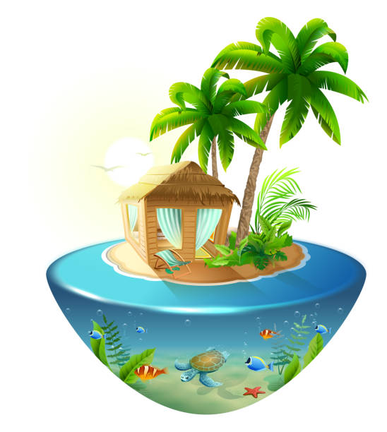ilustrações de stock, clip art, desenhos animados e ícones de bungalow under palm tree on tropical island - isometric sea coastline beach