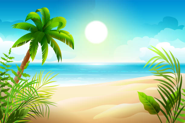 солнечный день на тропическом песчаном пляже. пальмы и праздники морского рая - beach cartoon island sea stock illustrations