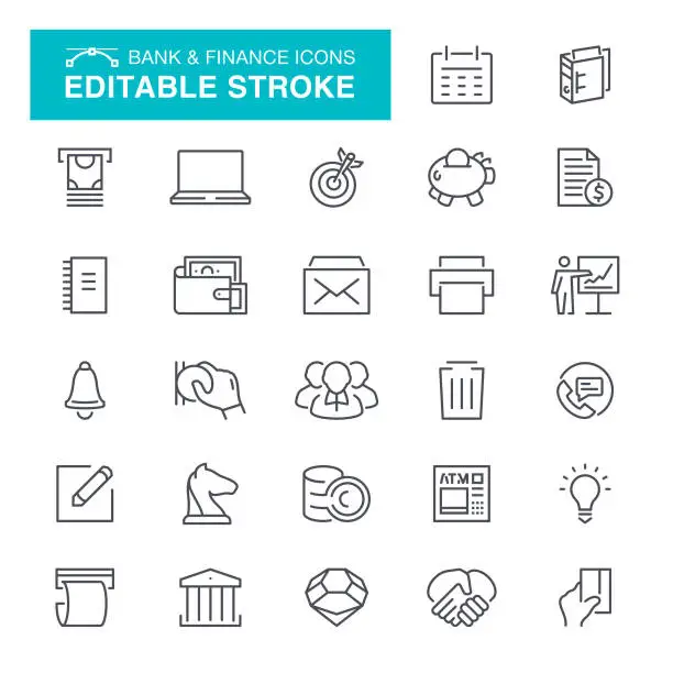 Vector illustration of Bank abd Finance Icons Editable Stroke