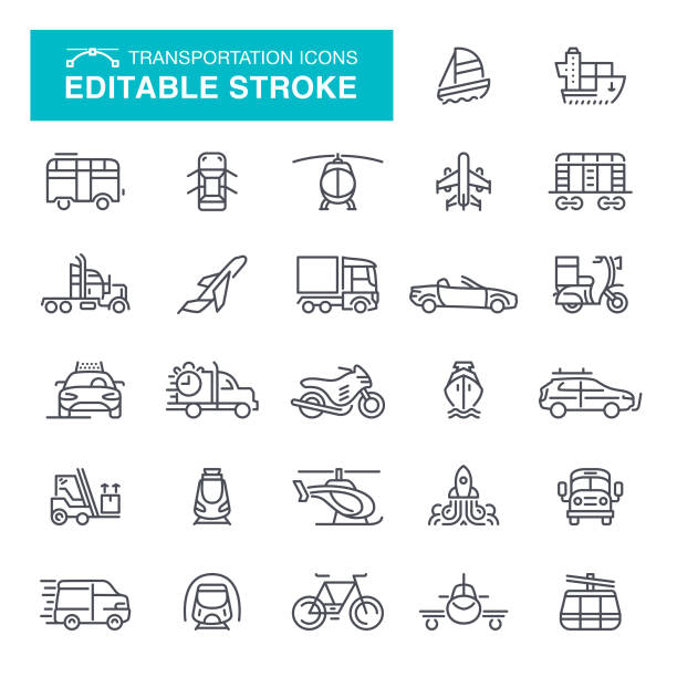 illustrazioni stock, clip art, cartoni animati e icone di tendenza di icone di trasporto tratto modificabile - motorcycle silhouette vector transportation