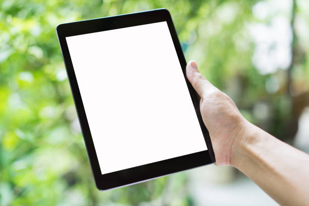 istock Hand holding a smartphone with blank screen on green blur background 912150318