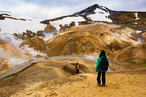 Outdoor adventure with teenager in Iceland, Hiking, Highland, near Kerlingarfjöl
