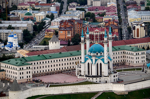 Helicopter point of view of Kazan, capital of Republic of Tatarstan, Russia. Kazan Kremlin is in the main view.