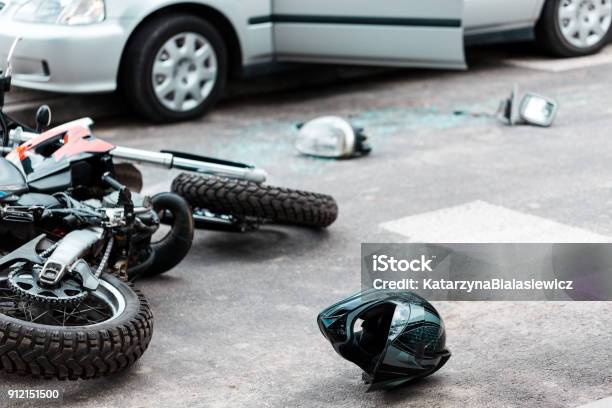 Overturned Motorcycle After Collision Stock Photo - Download Image Now - Crash, Motorcycle, Misfortune