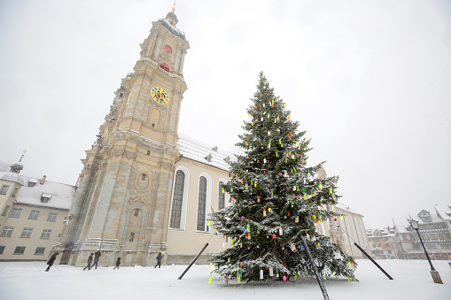 St.Gallen cathedral with christmas tree in snow day at Switzerland