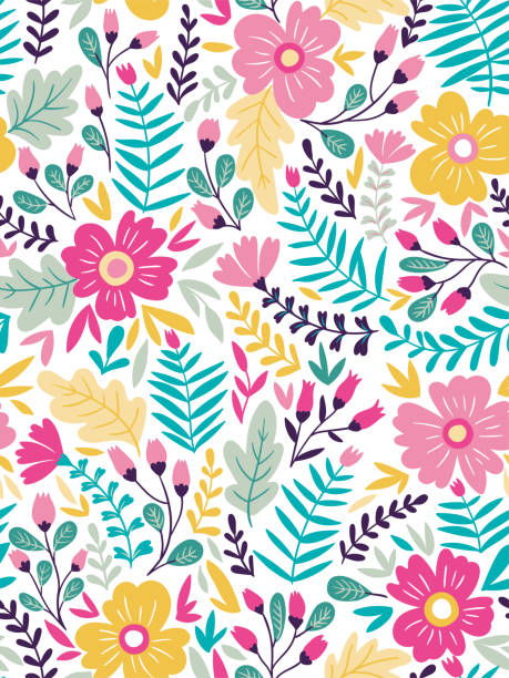 ilustraciones, imágenes clip art, dibujos animados e iconos de stock de vector floral de patrones sin fisuras en estilo doodle con flores y hojas. suave, fondo floral de verano. - backgrounds flower head blossom vibrant color