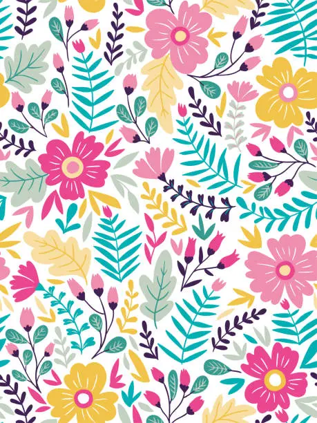 Vector illustration of Vector floral seamless pattern in doodle style with flowers and leaves. Gentle, summer floral background.