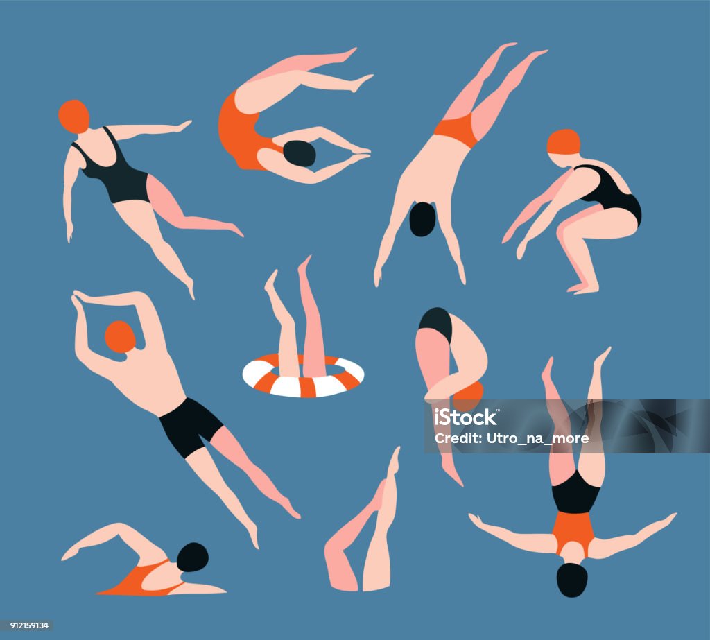 Summer  set with swimming people isolated on the blue background. Summertime vector illustration with swimmers drawing in flat style. Swimming stock vector