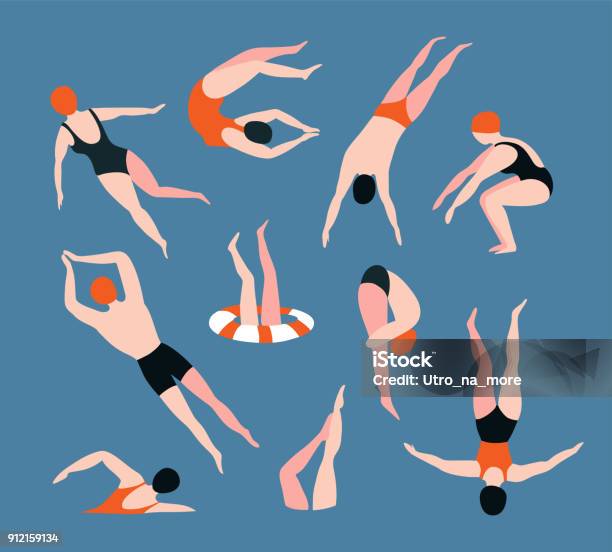 Summer Set With Swimming People Isolated On The Blue Background Summertime Vector Illustration With Swimmers Drawing In Flat Style Stock Illustration - Download Image Now