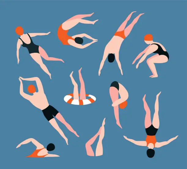 Vector illustration of Summer  set with swimming people isolated on the blue background. Summertime vector illustration with swimmers drawing in flat style.