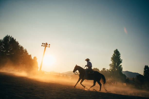 istock Cowboy Horseback riding at rodeo arena 912159196