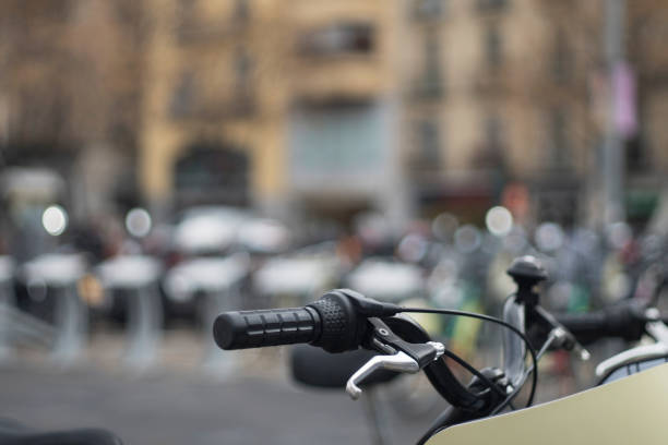 istock Handlebars of bicycle parked on street 912161808