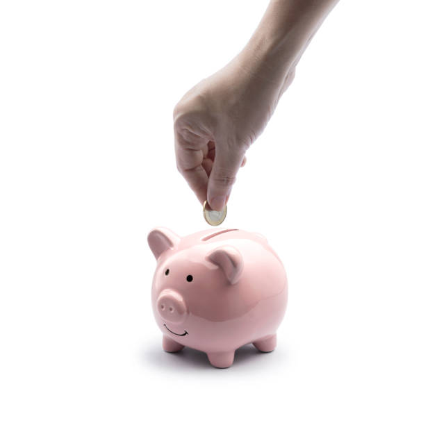 la main mise de pièce de monnaie en rose tirelire isolat. économiser de l’argent en poupée cochon sur fond blanc - Photo