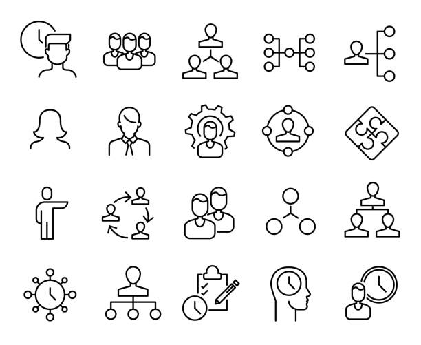 Simple collection of organization related line icons. Simple collection of organization related line icons. Thin line vector set of signs for infographic, symbol, app development and website design. Premium symbols isolated on a white background. sport set competition round stock illustrations