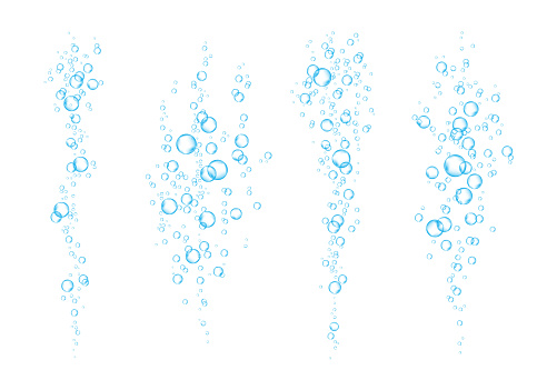Blue underwater fizzing air bubbles  flow on white  background. Fizzy sparkles in water, sea, aquarium, ocean. Soda pop.  Undersea vector texture.