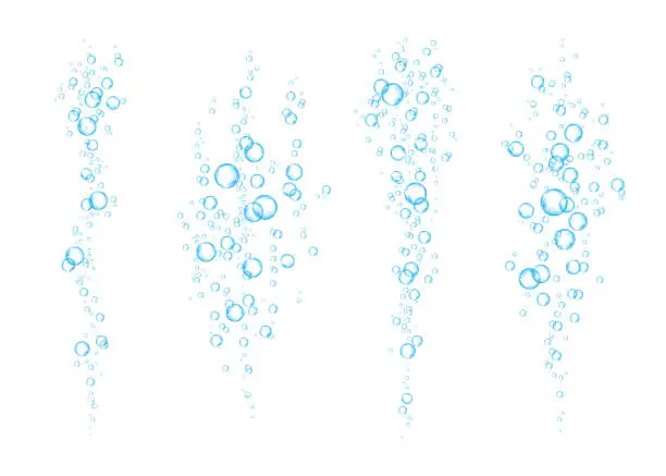 Vector illustration of Blue underwater fizzing air bubbles  flow on white  background.