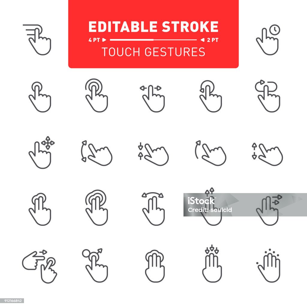 Touch screen gesture icons Touch screen, gesturing, editable stroke, icon set, outline, tapping, cursor, hand sign Cursor stock vector