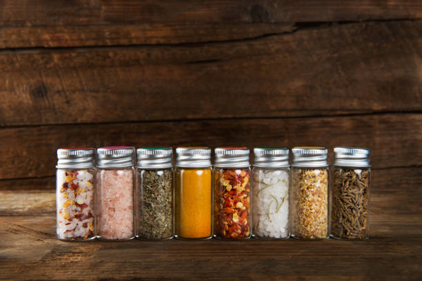 Spices Set in Mini Bottles stock photo