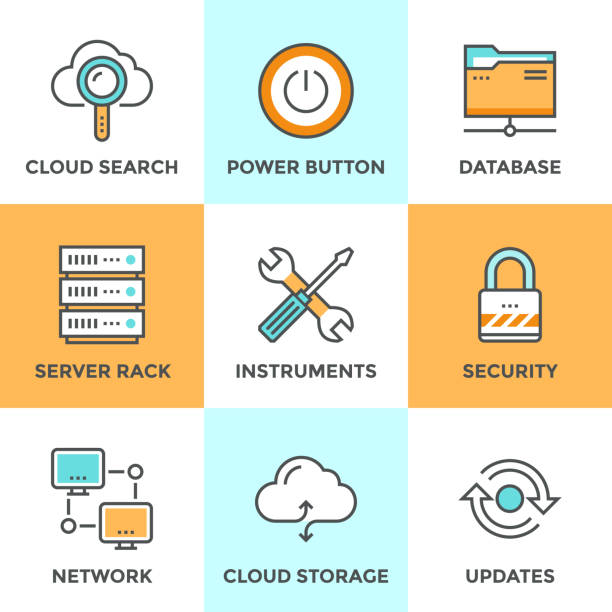 illustrazioni stock, clip art, cartoni animati e icone di tendenza di set di icone delle linee di cloud computing - data center network server storage room