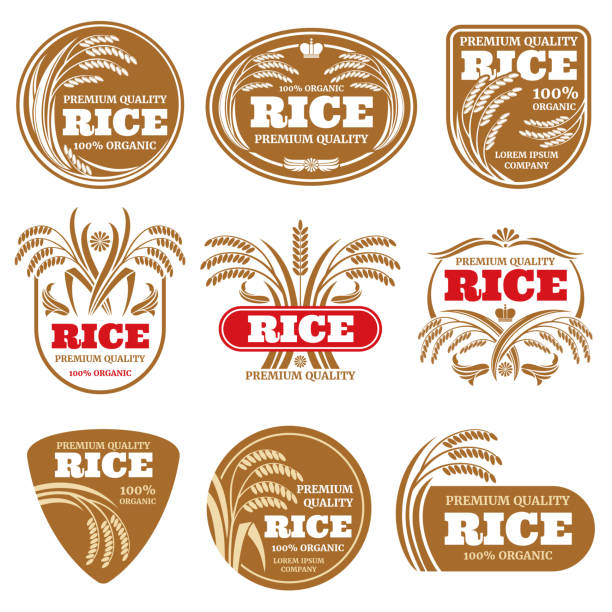 Paddy grain organic rice labels. Healthy food vector icons isolated Paddy grain organic rice labels. Healthy food vector icons isolated. Illustration of rice label food collection insignia healthy eating gold nature stock illustrations