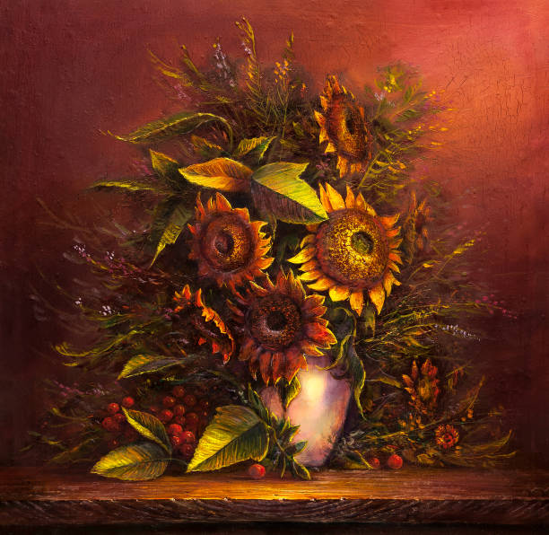 istock Bouquet of sunflowers in old clay jug. 912171552