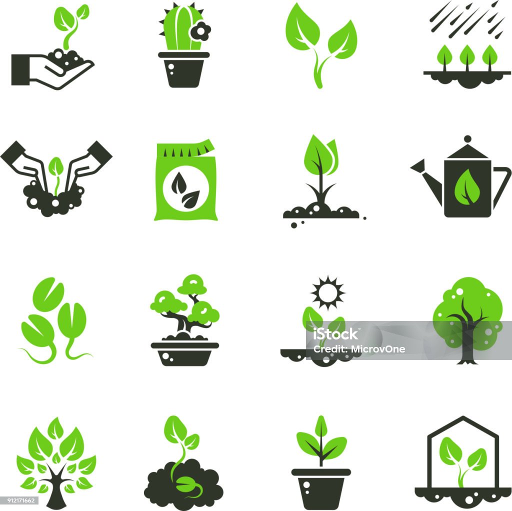 Las plantas y brotes de árbol vector iconos. Plántula y mano siembra pictogramas - arte vectorial de Ícono libre de derechos