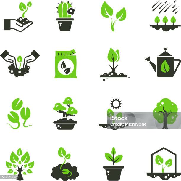 Ilustración de Las Plantas Y Brotes De Árbol Vector Iconos Plántula Y Mano Siembra Pictogramas y más Vectores Libres de Derechos de Ícono