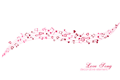 Notes and hearts on the horizontal lines. Love Music decoration element isolated on the white background.