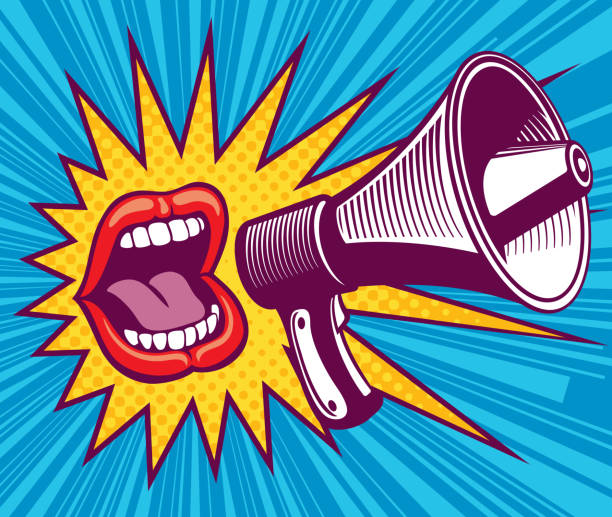 Girl mouth with megaphone. Vector illustration in pop art style Girl mouth with megaphone. Vector illustration in pop art style. Mouth and megaphone speech, female screaming announce illustration shouting illustrations stock illustrations