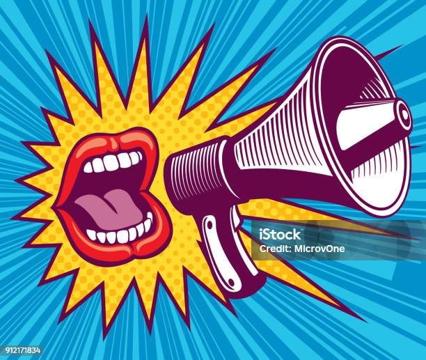Girl Mouth With Megaphone Vector Illustration In Pop Art Style Stock Illustration - Download Image Now