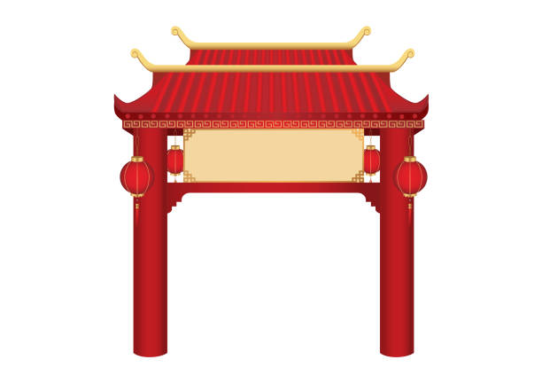 The entrance with roof in Chinese style which decorate with hanging lanterns. The entrance with roof in Chinese style which decorate with hanging lanterns. Illustration about Asian gate architecture. pagoda stock illustrations