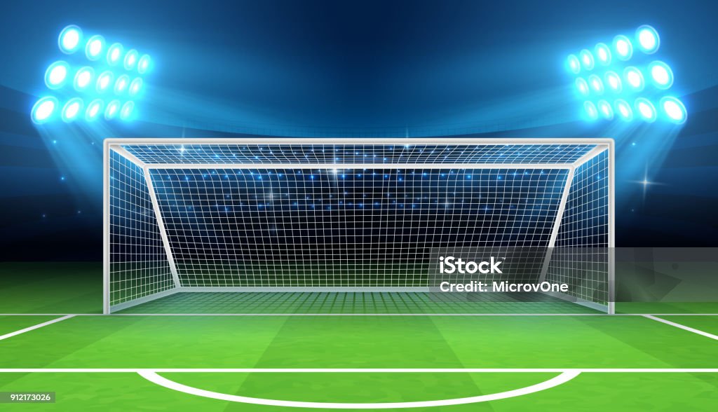 Sports stadium with soccer goal vector illustration Sports stadium with soccer goal vector illustration. Soccer field and stadium, football arena with gate Soccer stock vector