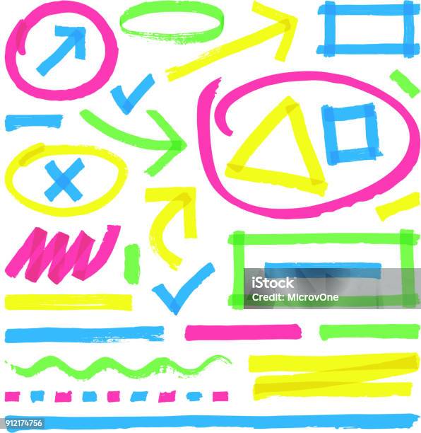 Marques De Vecteur De Surligneur Bandes De Marqueur De Couleur Les Accidents Vasculaires Cérébraux Et Les Flèches Vecteurs libres de droits et plus d'images vectorielles de Surligneur