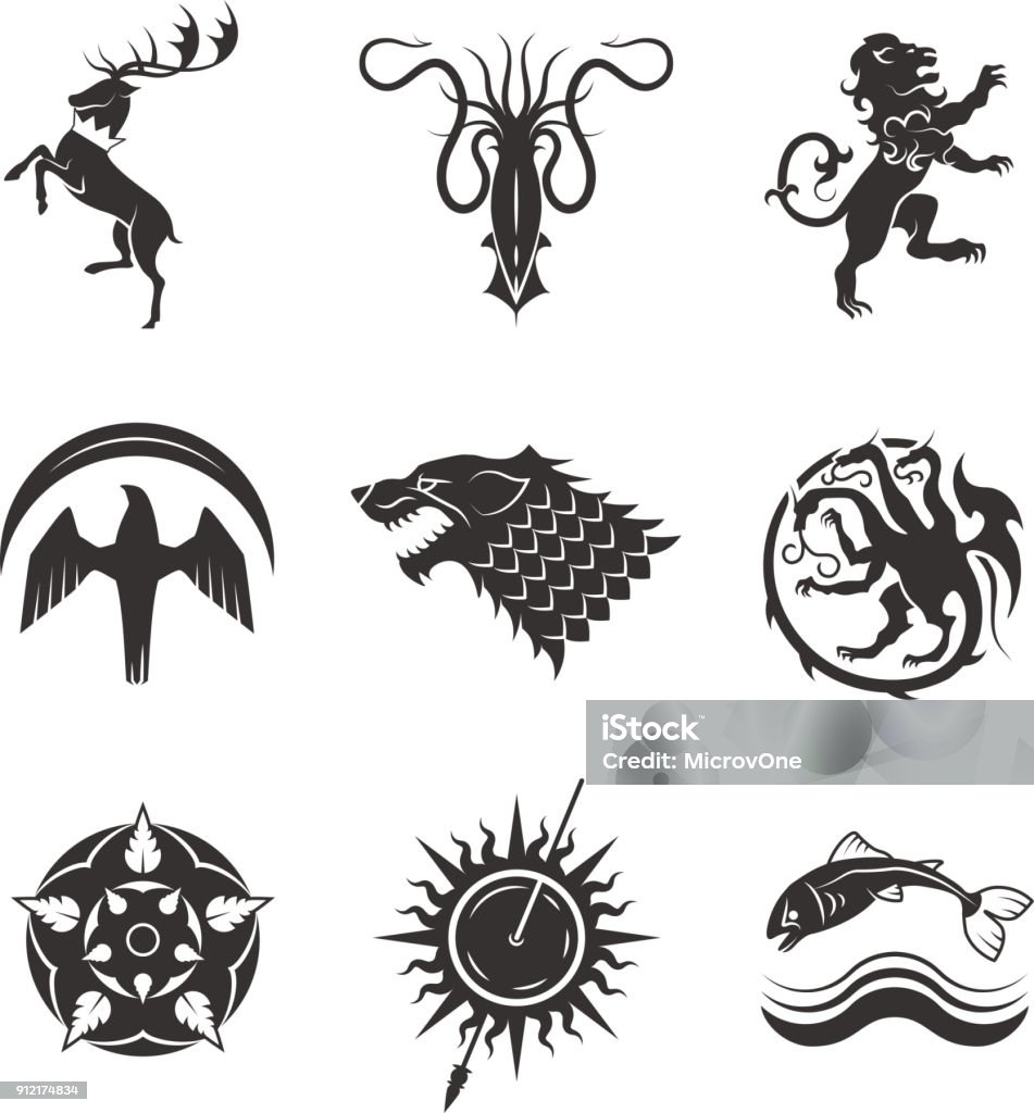 Great Kingdoms Houses Gaming Heraldic Vector Icons With Line Animals And  Throne Symbols Stock Illustration - Download Image Now - iStock