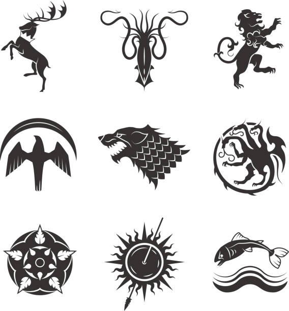 Great kingdoms houses gaming heraldic vector icons with line animals and throne symbols Great kingdoms houses gaming heraldic vector icons with line animals and throne symbols. Animal tattoo for medieval heraldry illustration animals crest stock illustrations