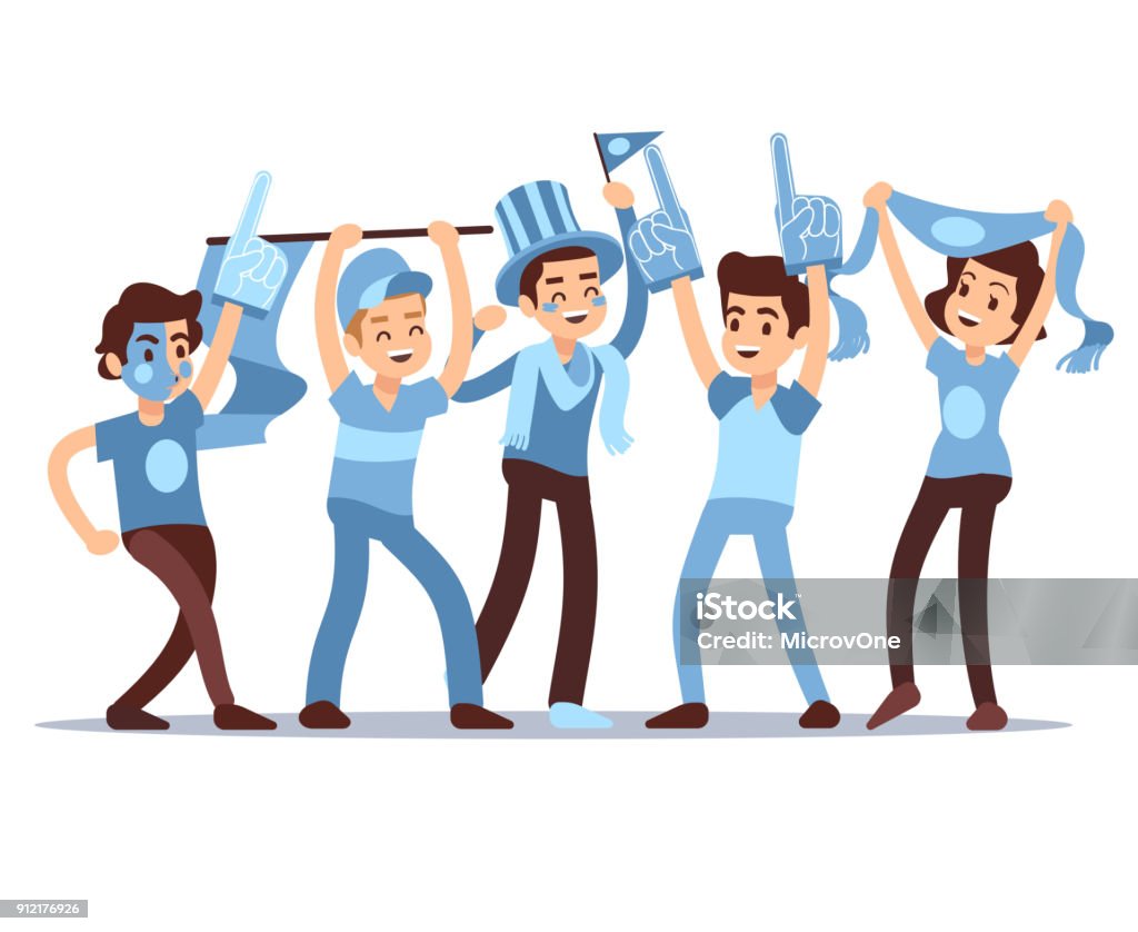 Tifo appassionati di sport vettoriale cartoon persone personaggi. Concetto di vittoria della squadra sportiva - arte vettoriale royalty-free di Fan