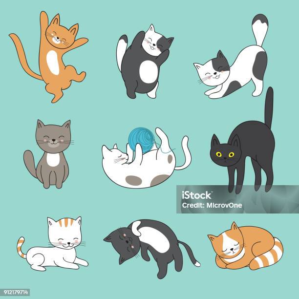 Cool Doodle Abstract Cats Vector Characters Hand Drawn Cartoon Kittens Stock Illustration - Download Image Now