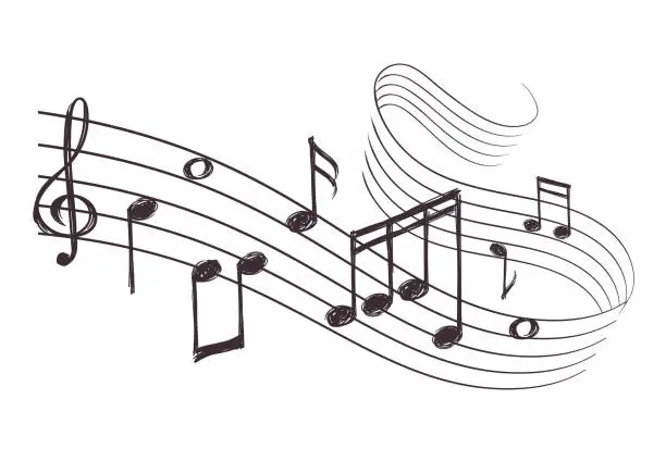 Vector illustration of Sketch musical sound wave with music notes. Hand drawn vector illustration