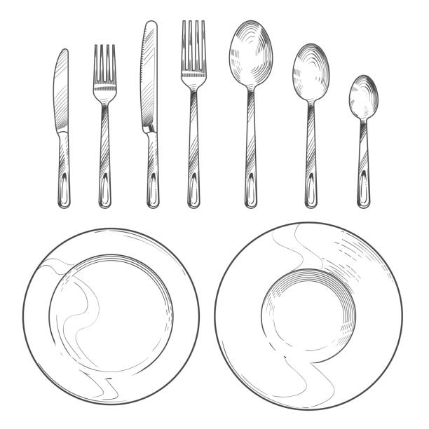 Vintage knife, fork, spoon and dishes in sketch engraving style. Hand drawing tableware isolated vector set. Knife and fork, spoon and cutlery for dinner illustration