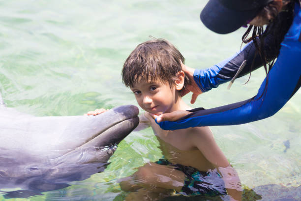 istock Vacation Lifestyle -Happy Boy hugging a dolphin 912198972