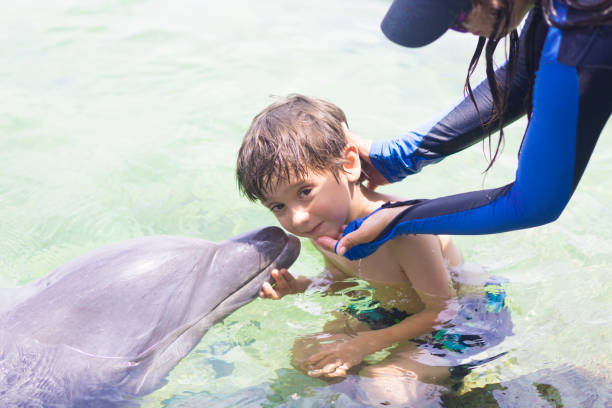 istock Vacation Lifestyle -Happy Boy hugging a dolphin 912201686