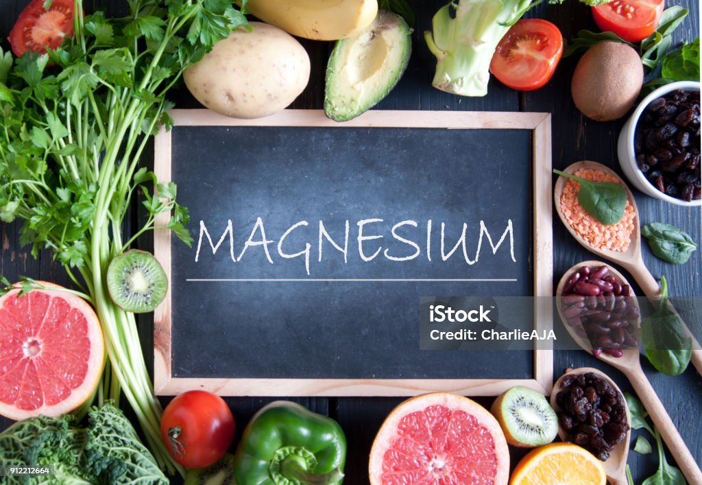 Magnesium diet Fresh fruits vegetables and pulses with magnesium nutrition Magnesium Stock Photo