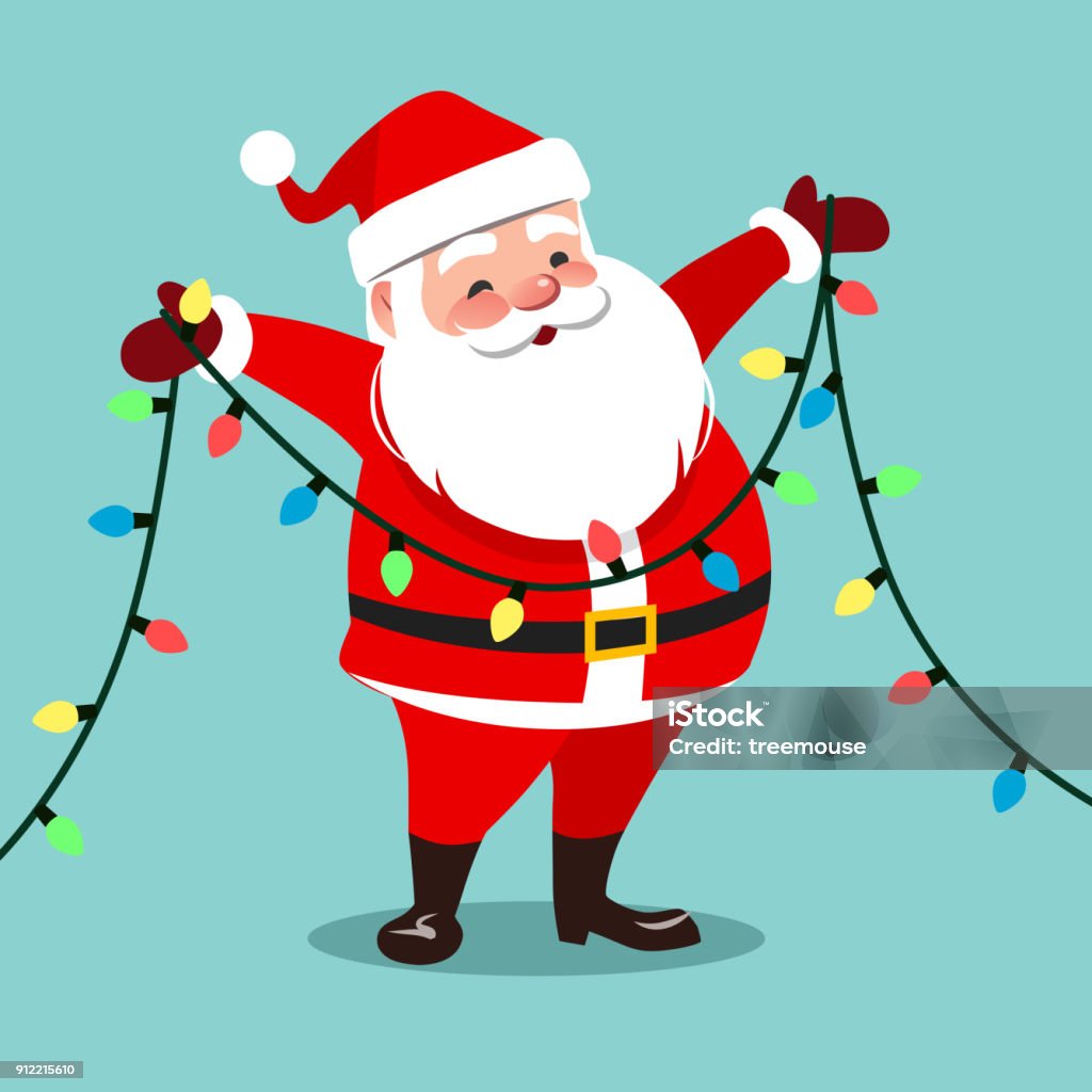 Vector Cartoon Illustration Of Happy Smiling Santa Claus Holding A String  Light Garland Decoration With Multicolored Bulbs Christmas Winter Holidays  Festive Design Element Isolated On Aqua Blue Stock Illustration - Download  Image