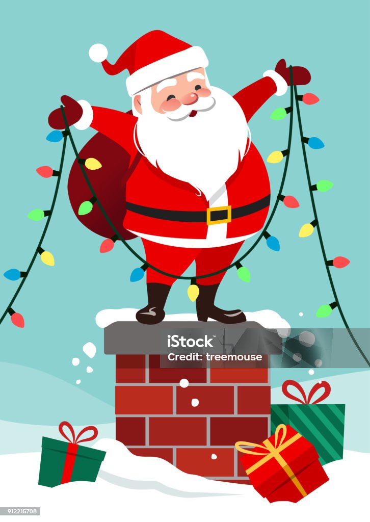 Vector Cartoon Illustration Of Cute Happy Santa Claus Standing On Chimney  Holding Multicolored Light String Garland Decoration Christmas Festive  Winter Scene In Contemporary Flat Style Stock Illustration - Download Image  Now - iStock