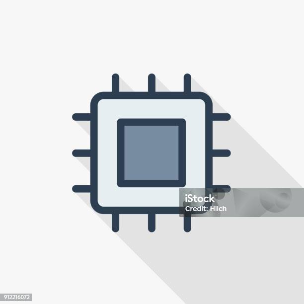 Processor Motherboard Chip Thin Line Flat Color Icon Linear Vector Symbol Colorful Long Shadow Design Stock Illustration - Download Image Now