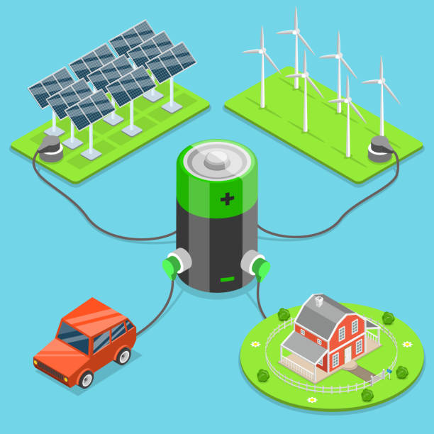 ilustrações de stock, clip art, desenhos animados e ícones de alternative green energy flat isometric vector. - solar panels house