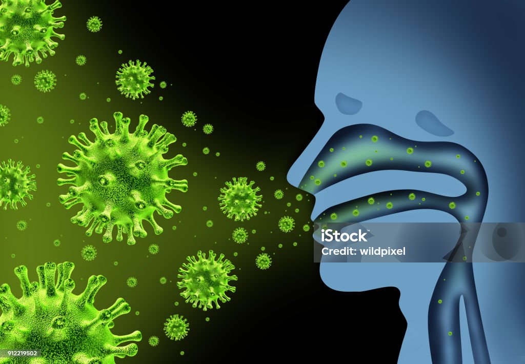 Flu Virus Flu virus spread caused by influenza with human symptoms of fever infecting the nose and throat as deadly microscopic microbe cells with 3d illustration elements. Virus Stock Photo