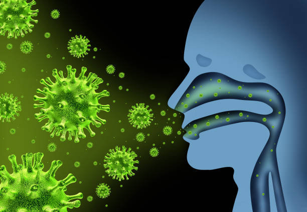Flu Virus Flu virus spread caused by influenza with human symptoms of fever infecting the nose and throat as deadly microscopic microbe cells with 3d illustration elements. respiratory system stock pictures, royalty-free photos & images